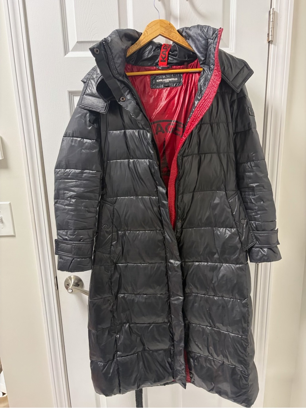 Karl Lagerfeld Black Long Quilted Puffer Coat with Red Lining large